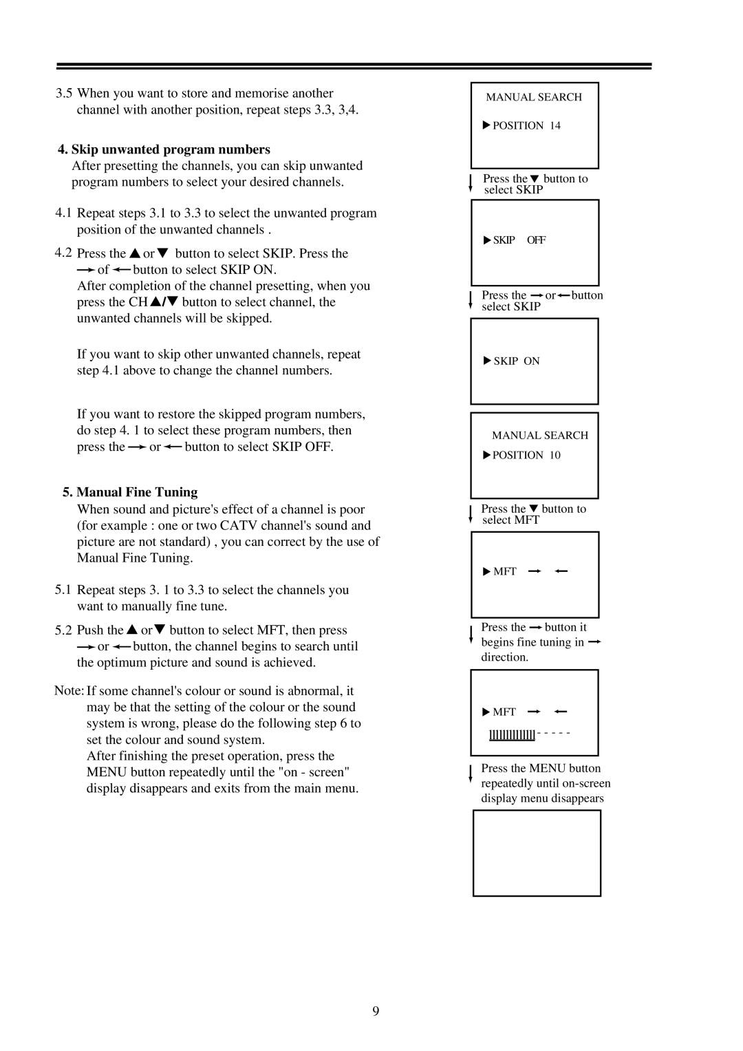 Palsonic 7118 owner manual Skip unwanted program numbers, Manual Fine Tuning 