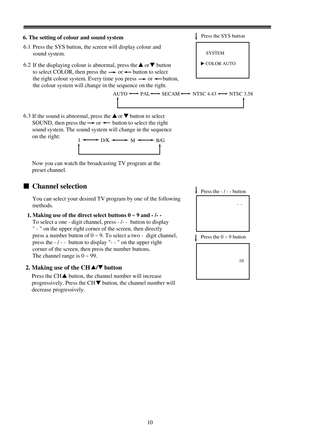 Palsonic 7118 owner manual Channel selection, Making use of the CH button, Setting of colour and sound system 