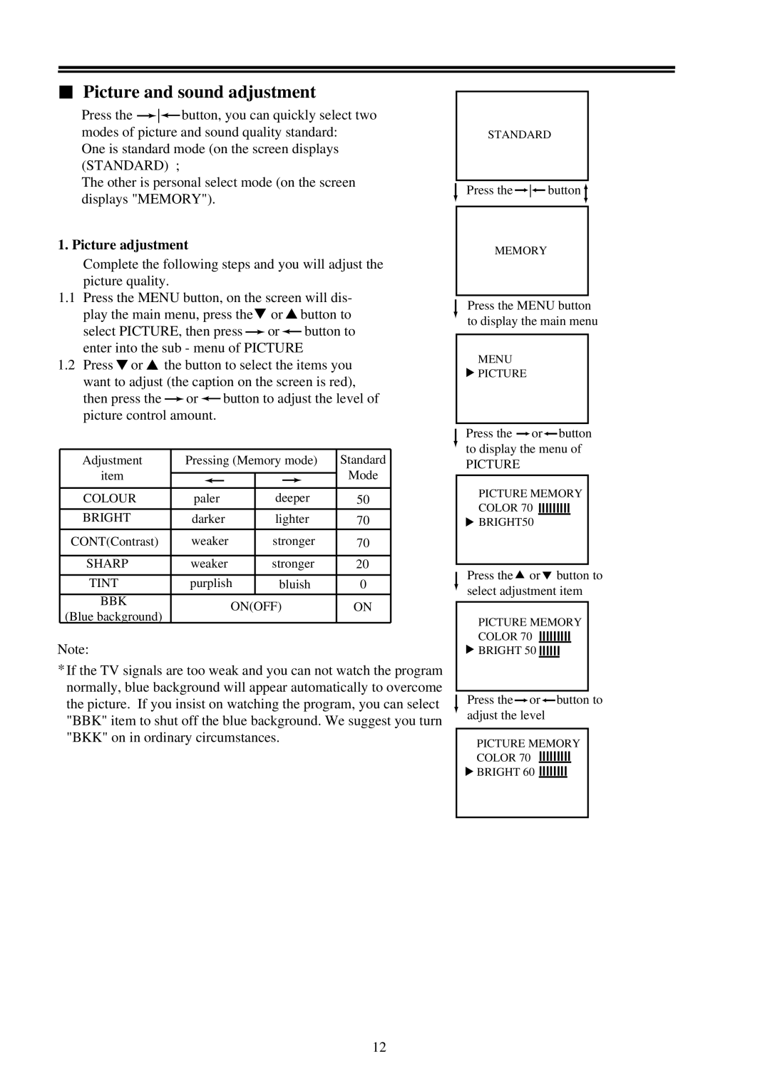 Palsonic 7118 owner manual Picture and sound adjustment, Picture adjustment 