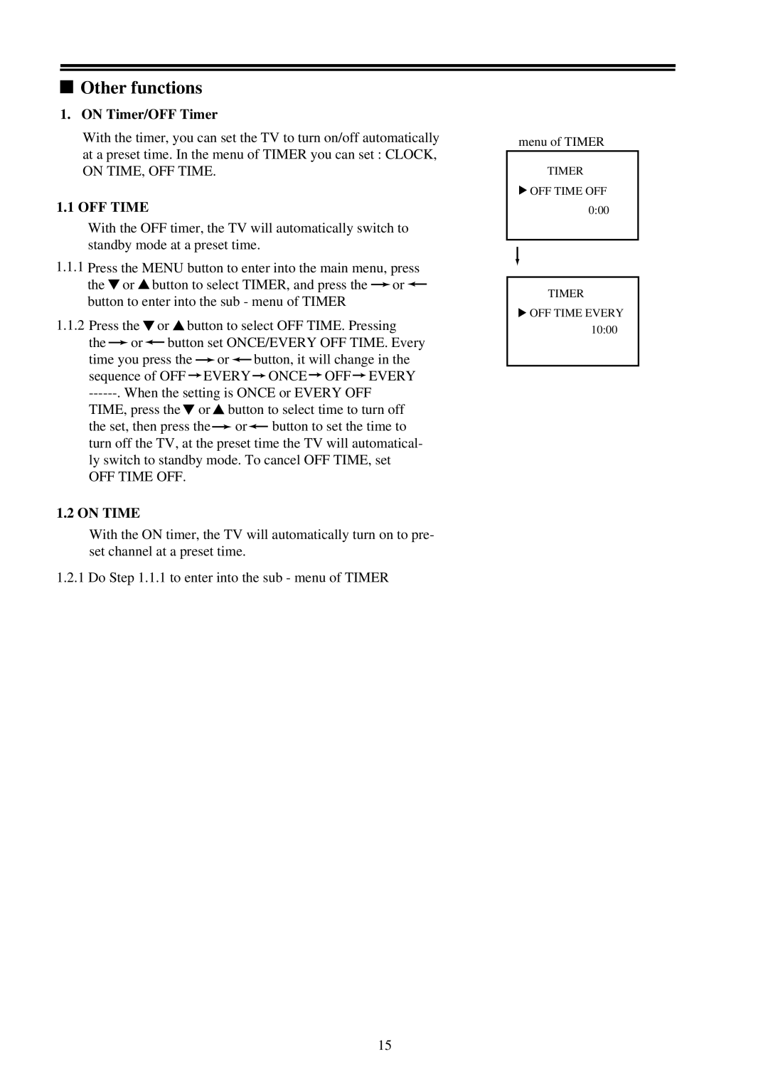 Palsonic 7118 owner manual Other functions, On Timer/OFF Timer, OFF Time OFF 