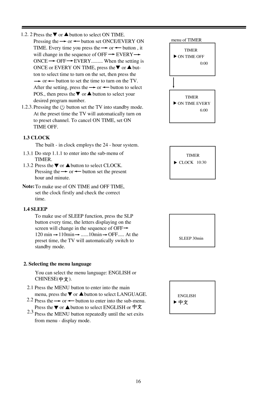 Palsonic 7118 owner manual Timer, Selecting the menu language, Chinese 