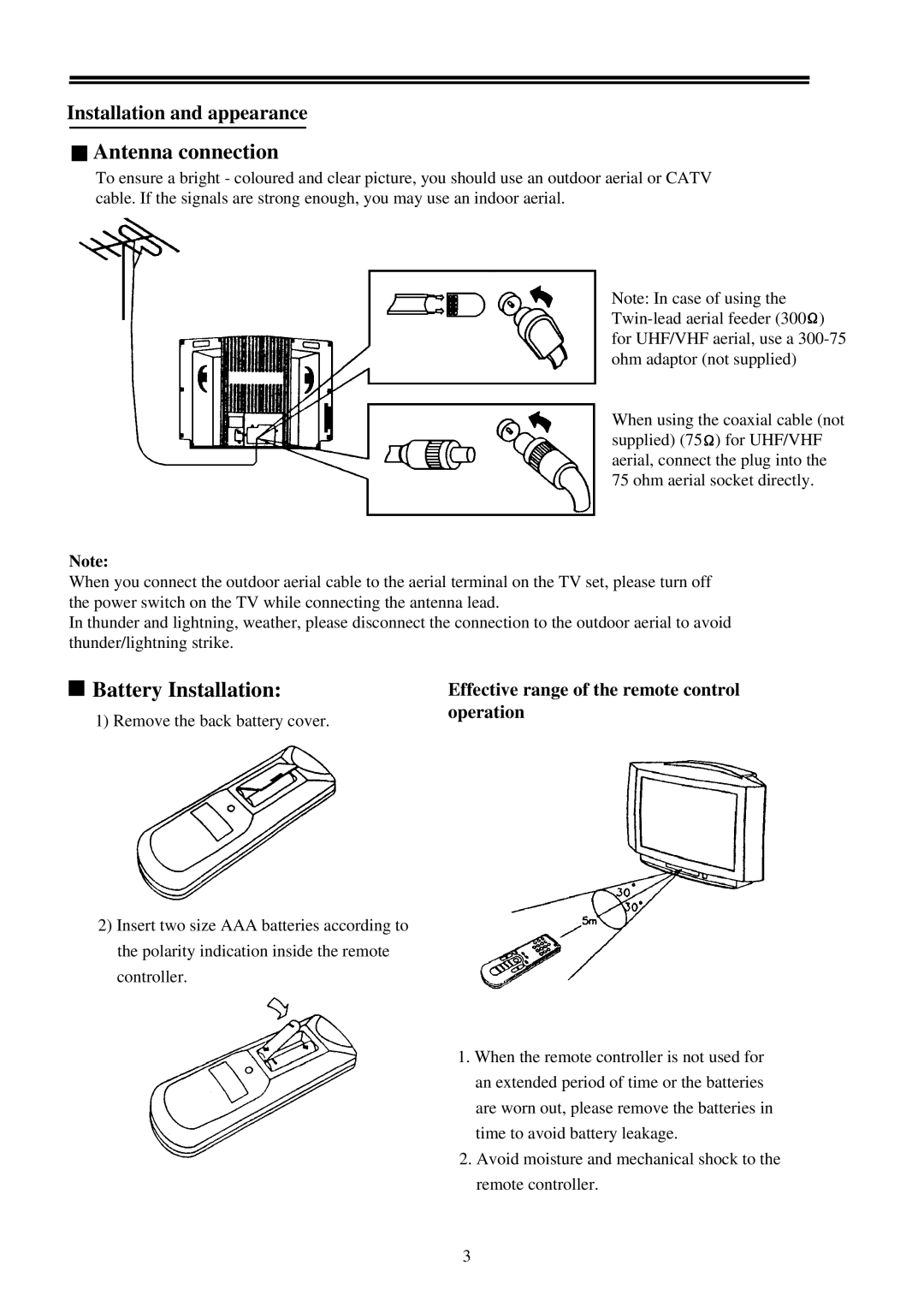 Palsonic 7118 owner manual Antenna connection, Battery Installation, Effective range of the remote control operation 