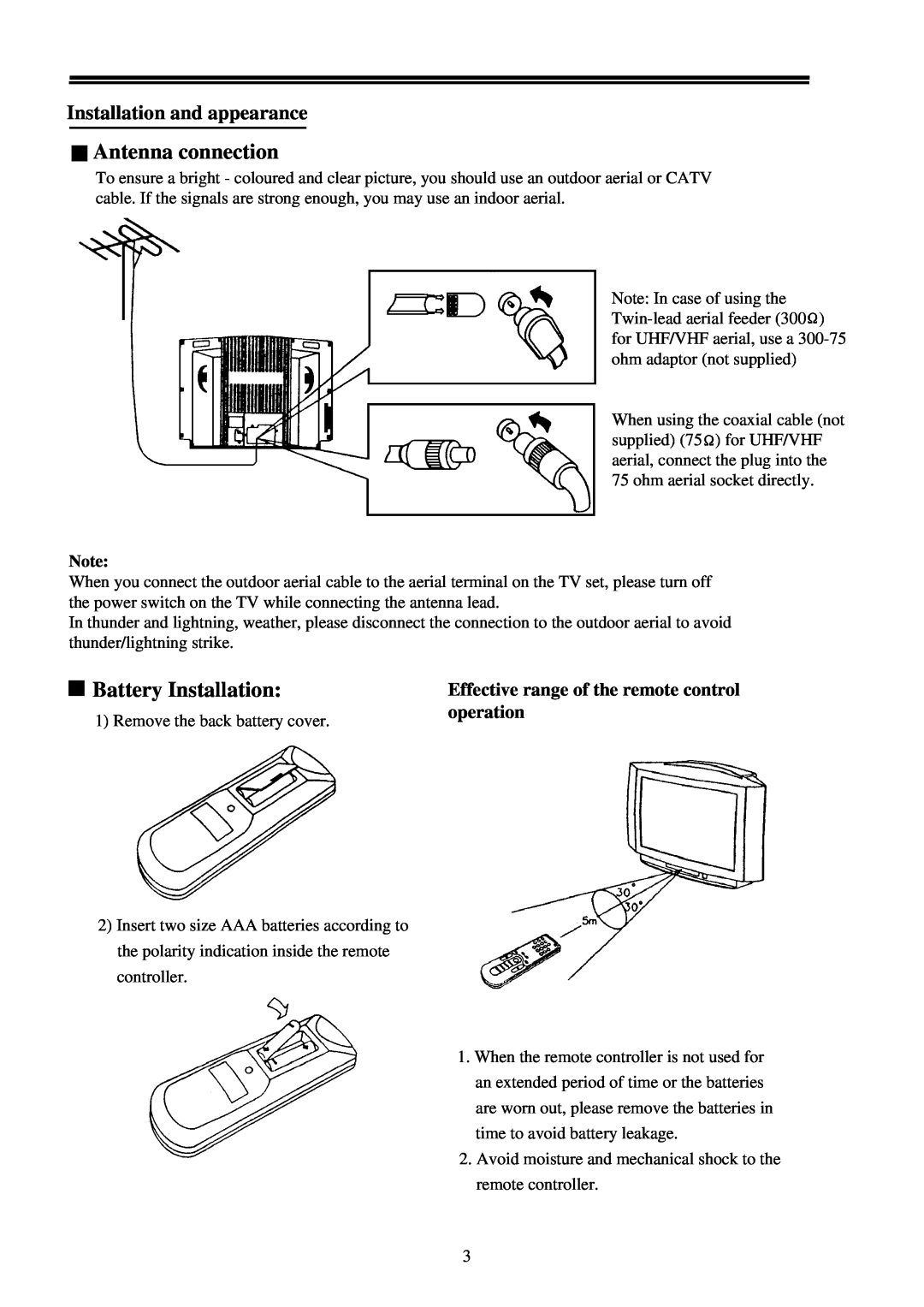 Palsonic 7118 owner manual Antenna connection, Battery Installation, Effective range of the remote control operation 