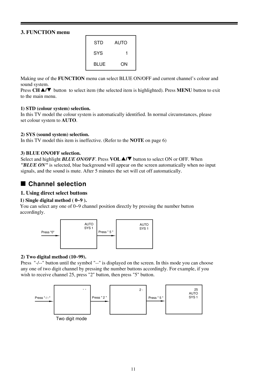 Palsonic 7128 owner manual Channel selection, Function menu, Using direct select buttons 