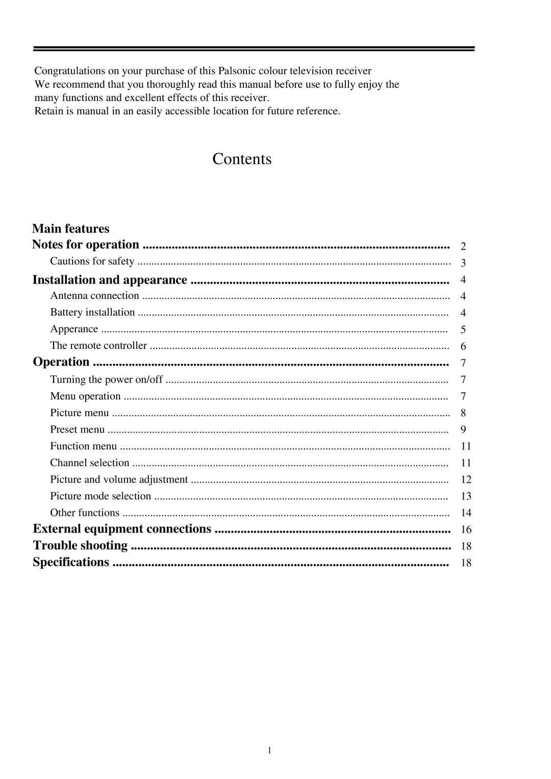 Palsonic 7128 owner manual Contents 