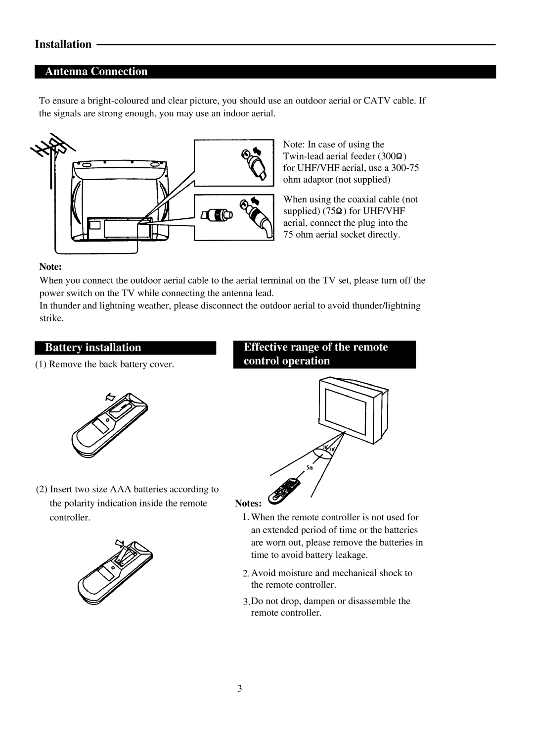 Palsonic 7128G owner manual Antenna Connection, Battery installation, Effective range of the remote control operation 