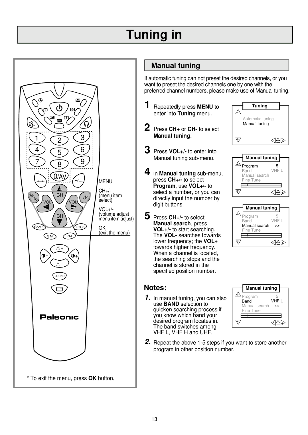 Palsonic 7610WSPF owner manual Manual tuning 