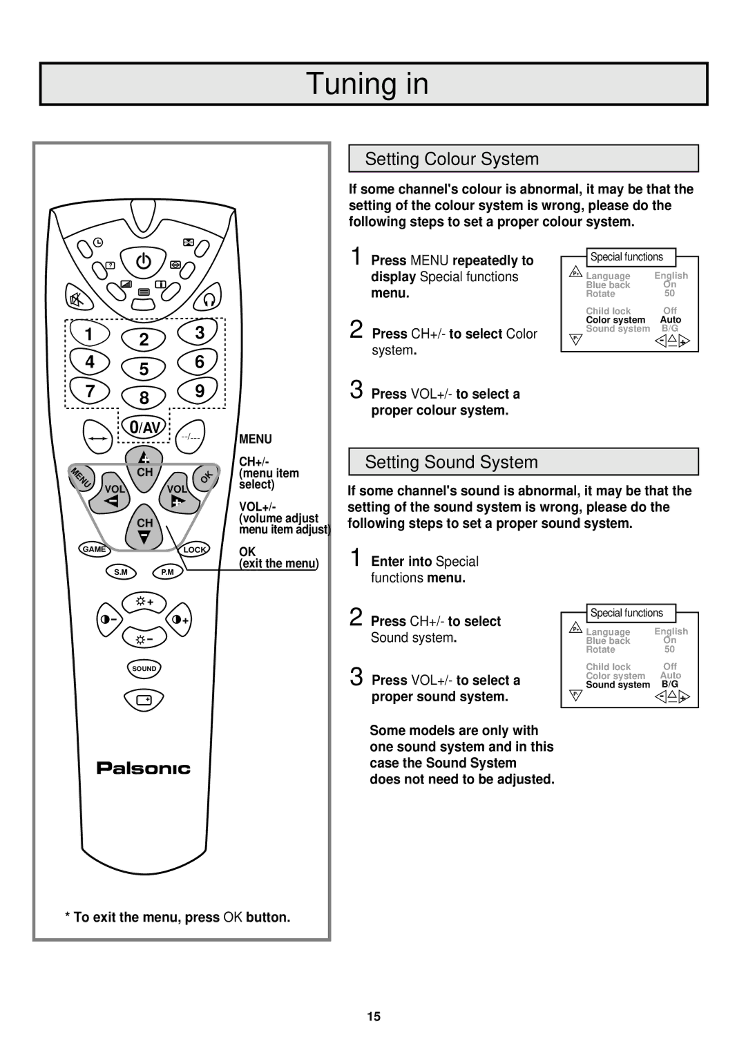 Palsonic 7610WSPF owner manual Setting Colour System, Setting Sound System, Functions menu 