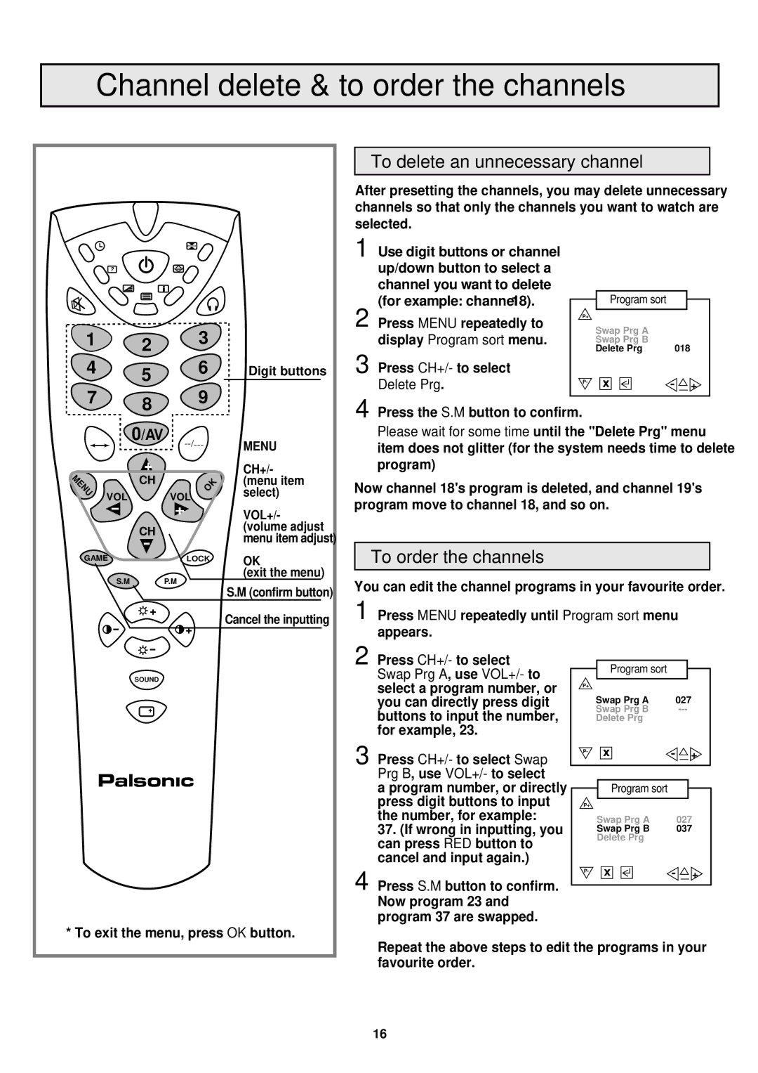 Palsonic 7610WSPF Channel delete & to order the channels, To delete an unnecessary channel, To order the channels 