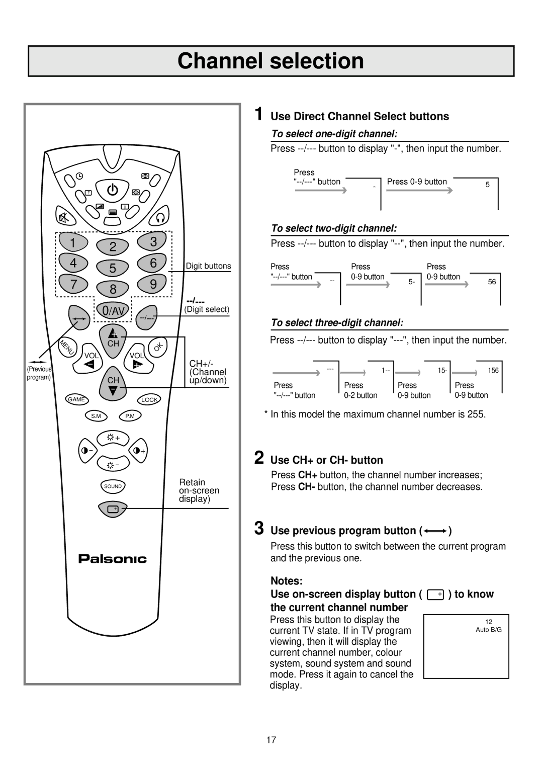 Palsonic 7610WSPF Channel selection, Use CH+ or CH- button, Use previous program button, Use on-screen display button 