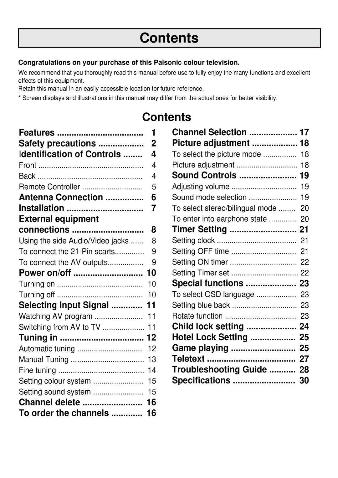 Palsonic 7610WSPF owner manual Contents 