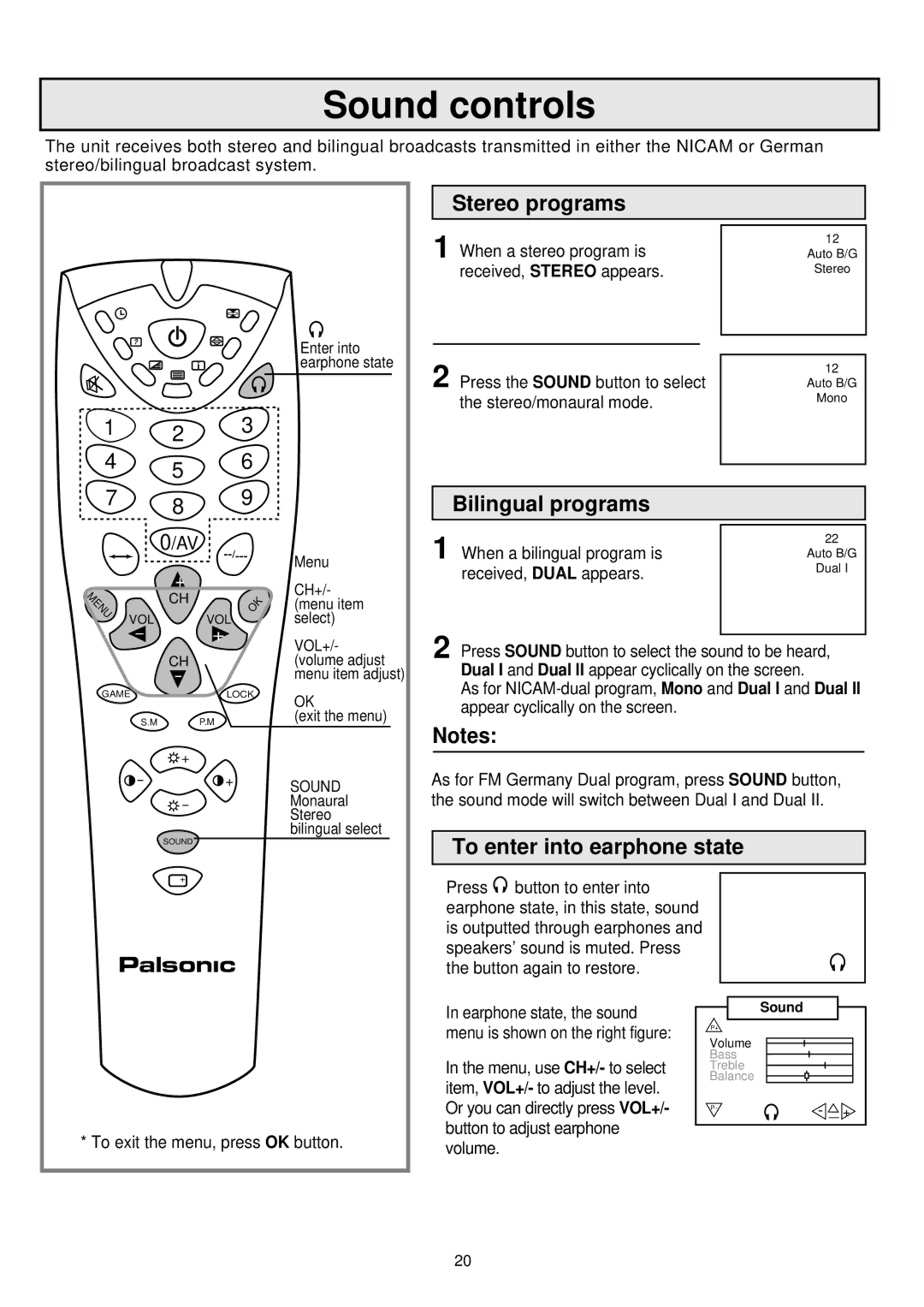 Palsonic 7610WSPF owner manual Stereo programs, Bilingual programs, To enter into earphone state 