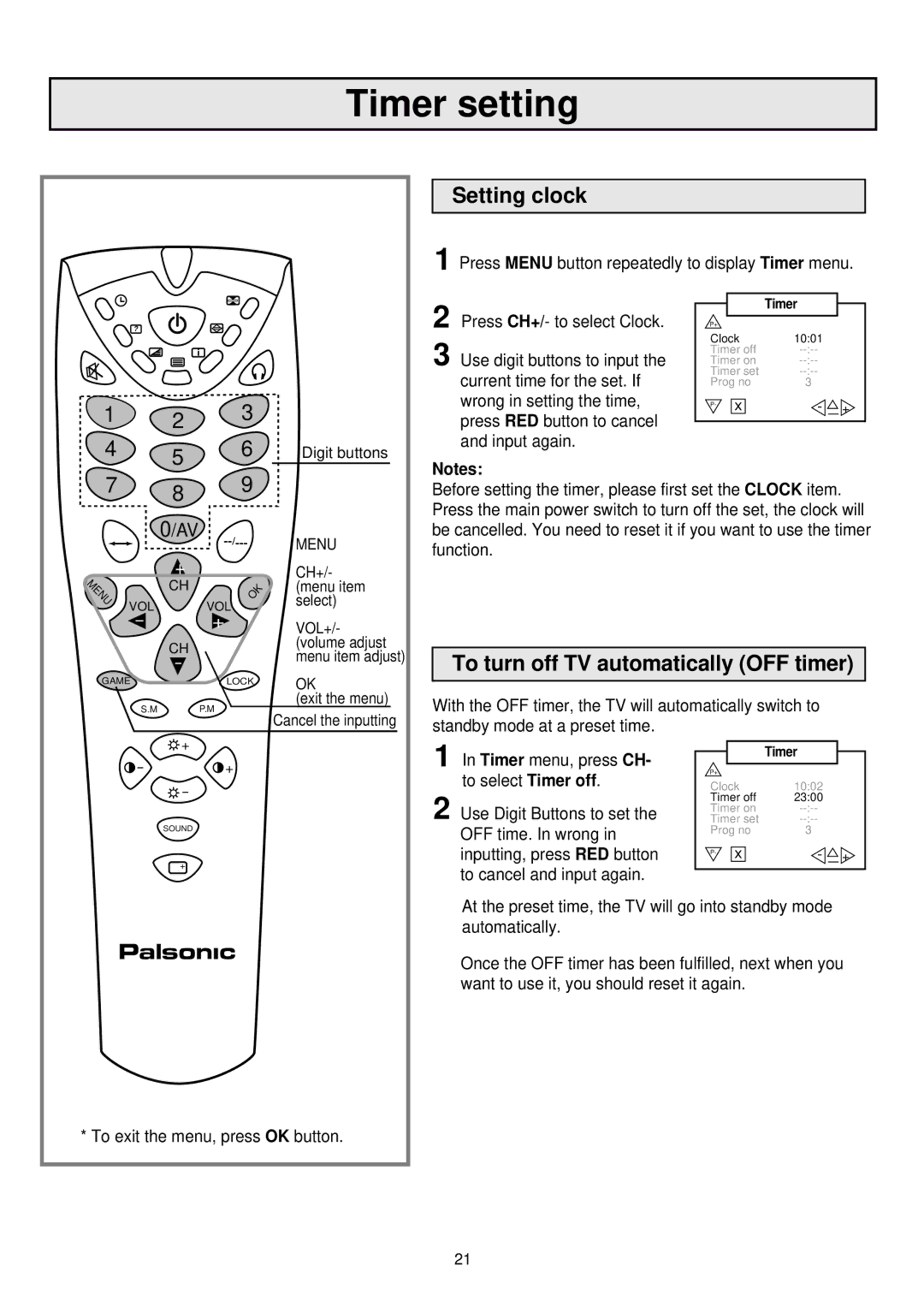 Palsonic 7610WSPF owner manual Timer setting, Setting clock, To turn off TV automatically OFF timer 