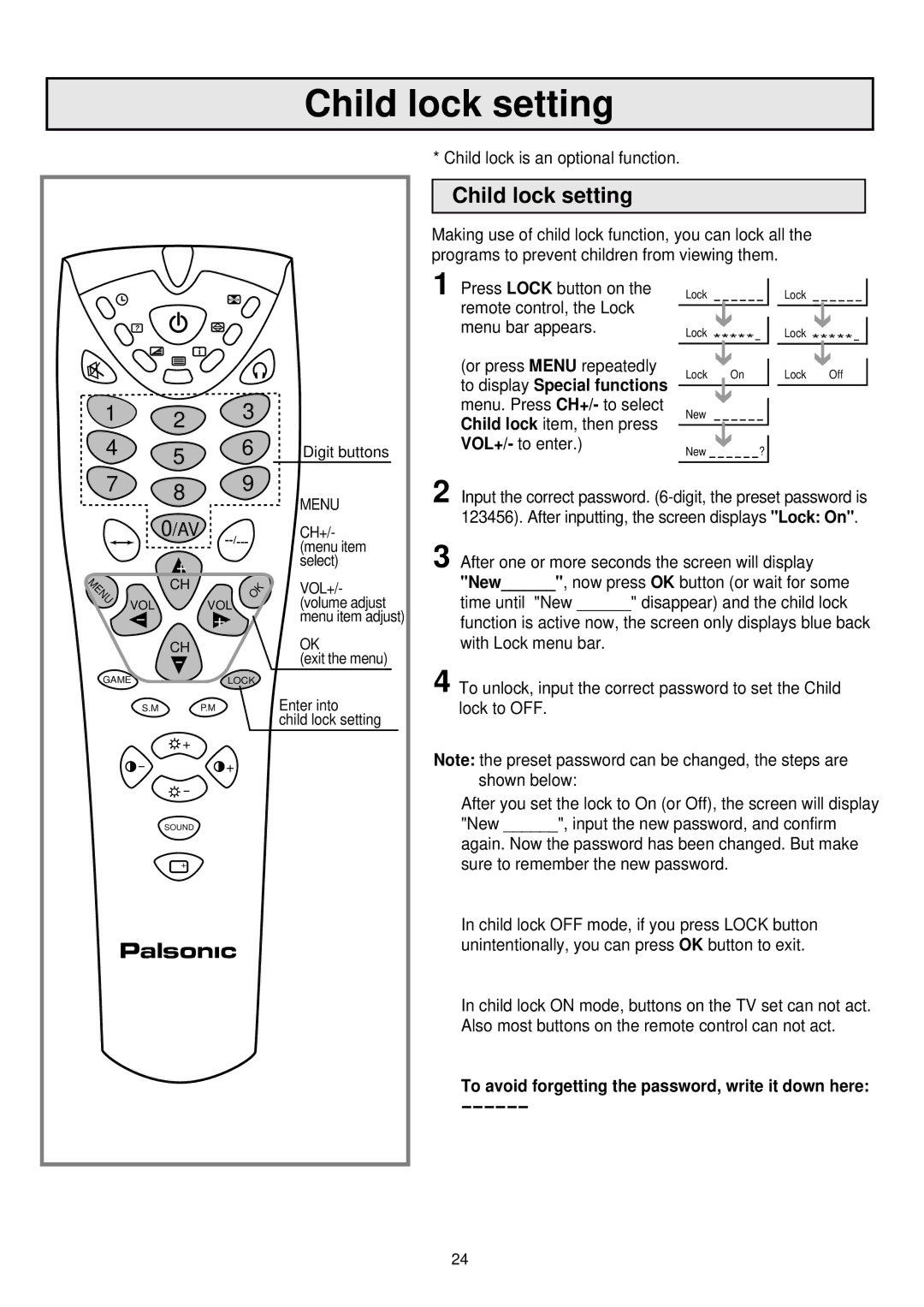 Palsonic 7610WSPF Child lock setting, To display Special functions, To avoid forgetting the password, write it down here 