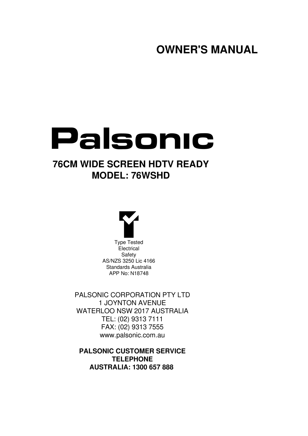 Palsonic owner manual 76CM Wide Screen Hdtv Ready Model 76WSHD 