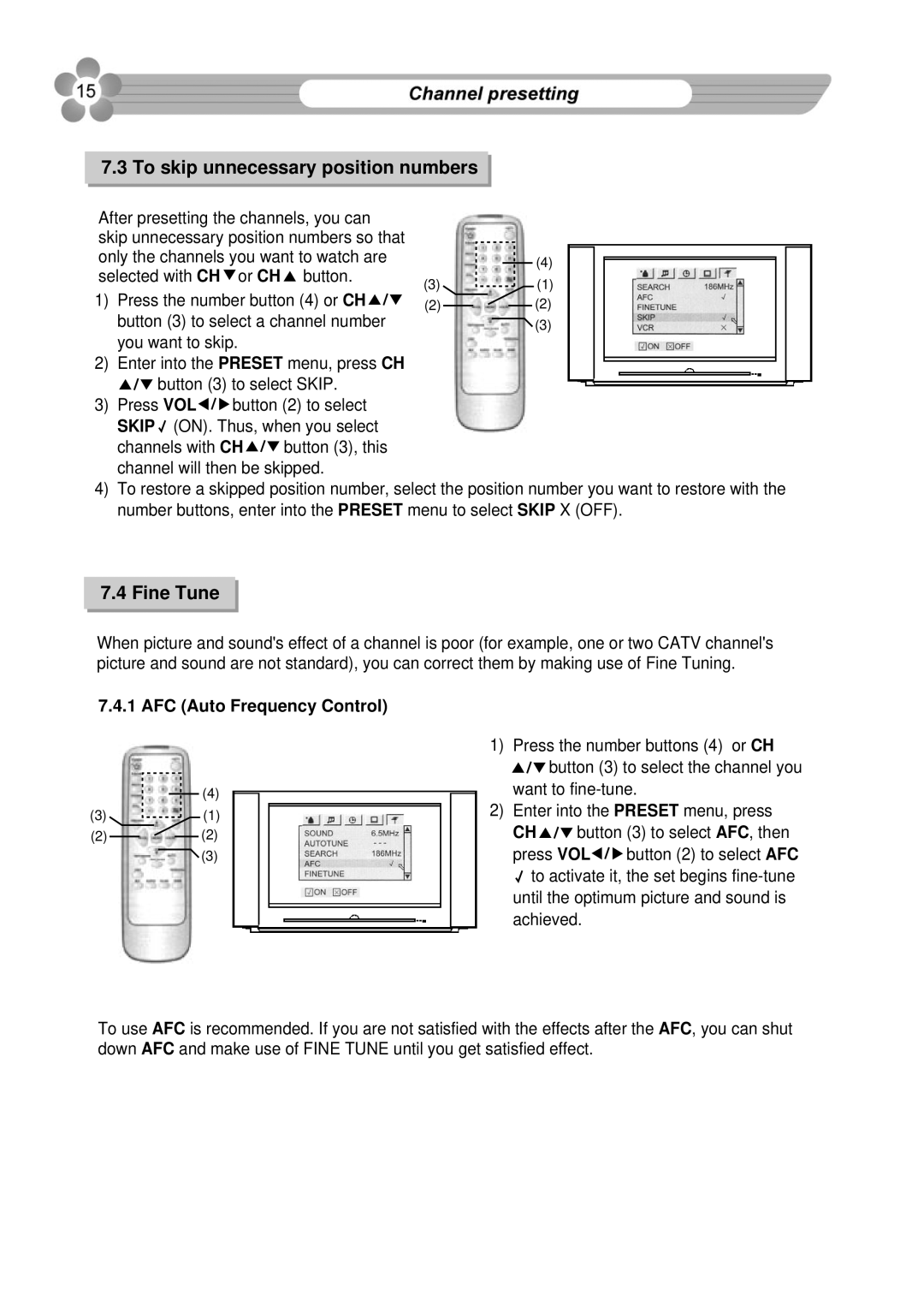 Palsonic 76WSHD owner manual To skip unnecessary position numbers, Fine Tune, AFC Auto Frequency Control 