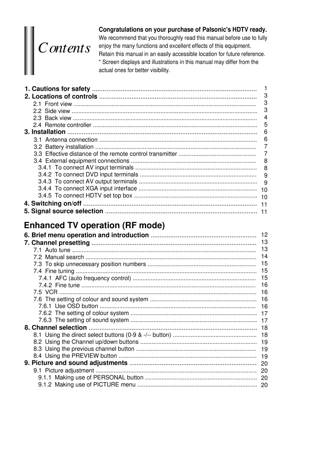 Palsonic 76WSHD owner manual Contents 