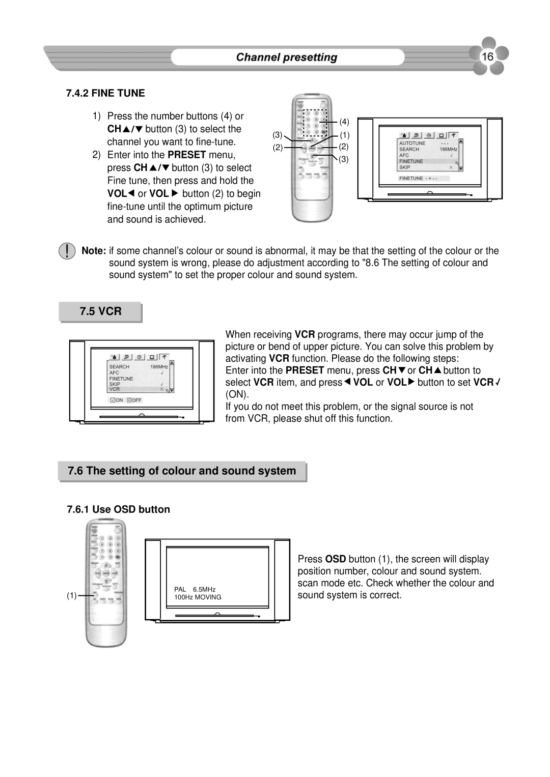 Palsonic 76WSHD owner manual Vcr, Setting of colour and sound system, Use OSD button 