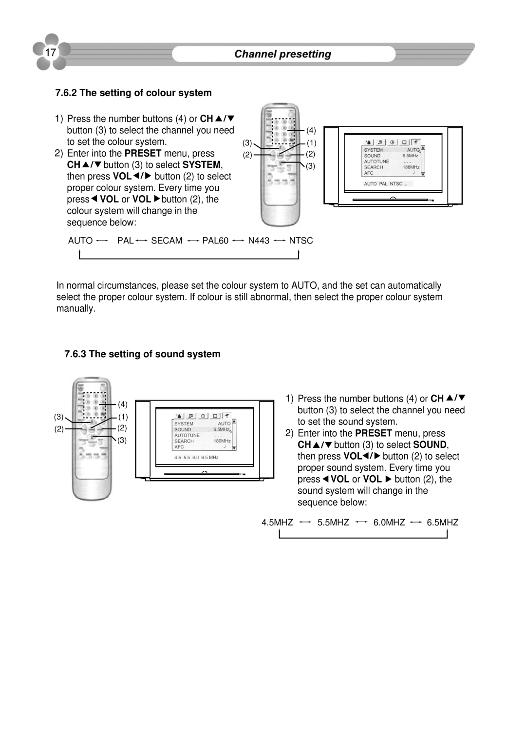 Palsonic 76WSHD owner manual Setting of colour system, Setting of sound system 