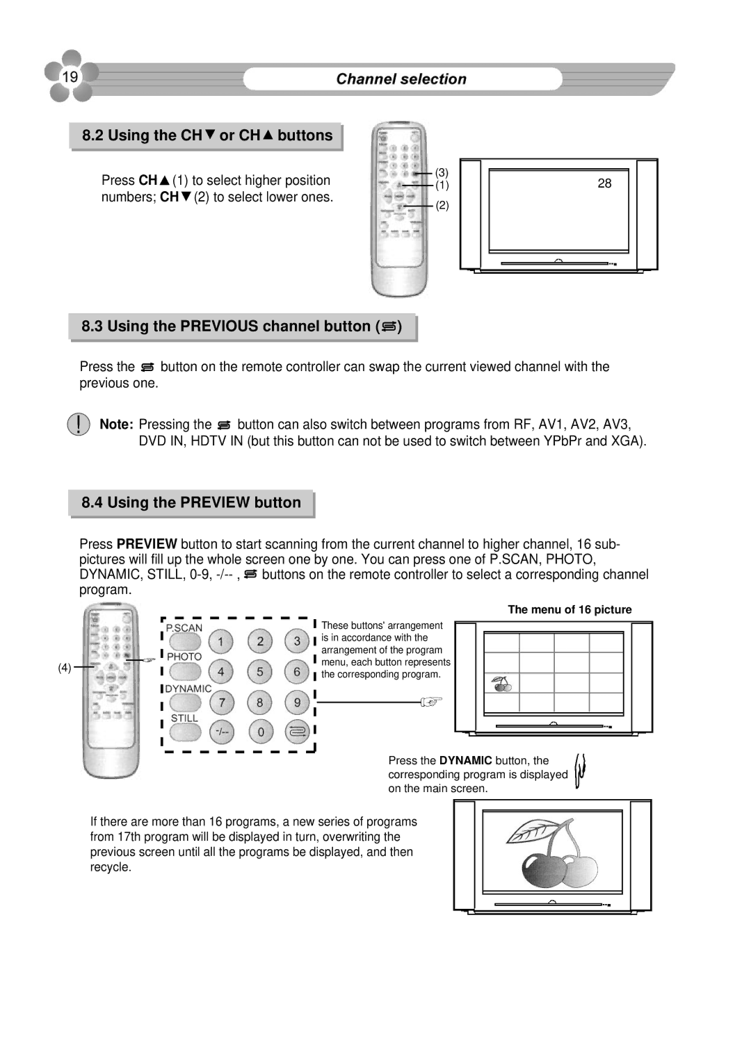 Palsonic 76WSHD owner manual Using the CH or CH buttons, Using the Previous channel button, Using the Preview button 