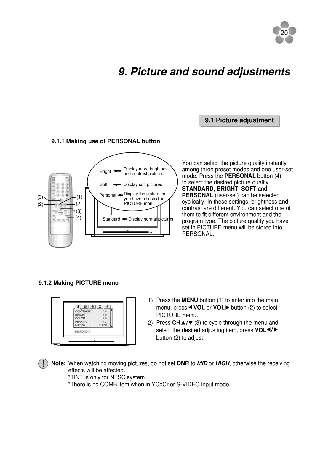 Palsonic 76WSHD Picture and sound adjustments, Picture adjustment, Making use of Personal button, Making Picture menu 