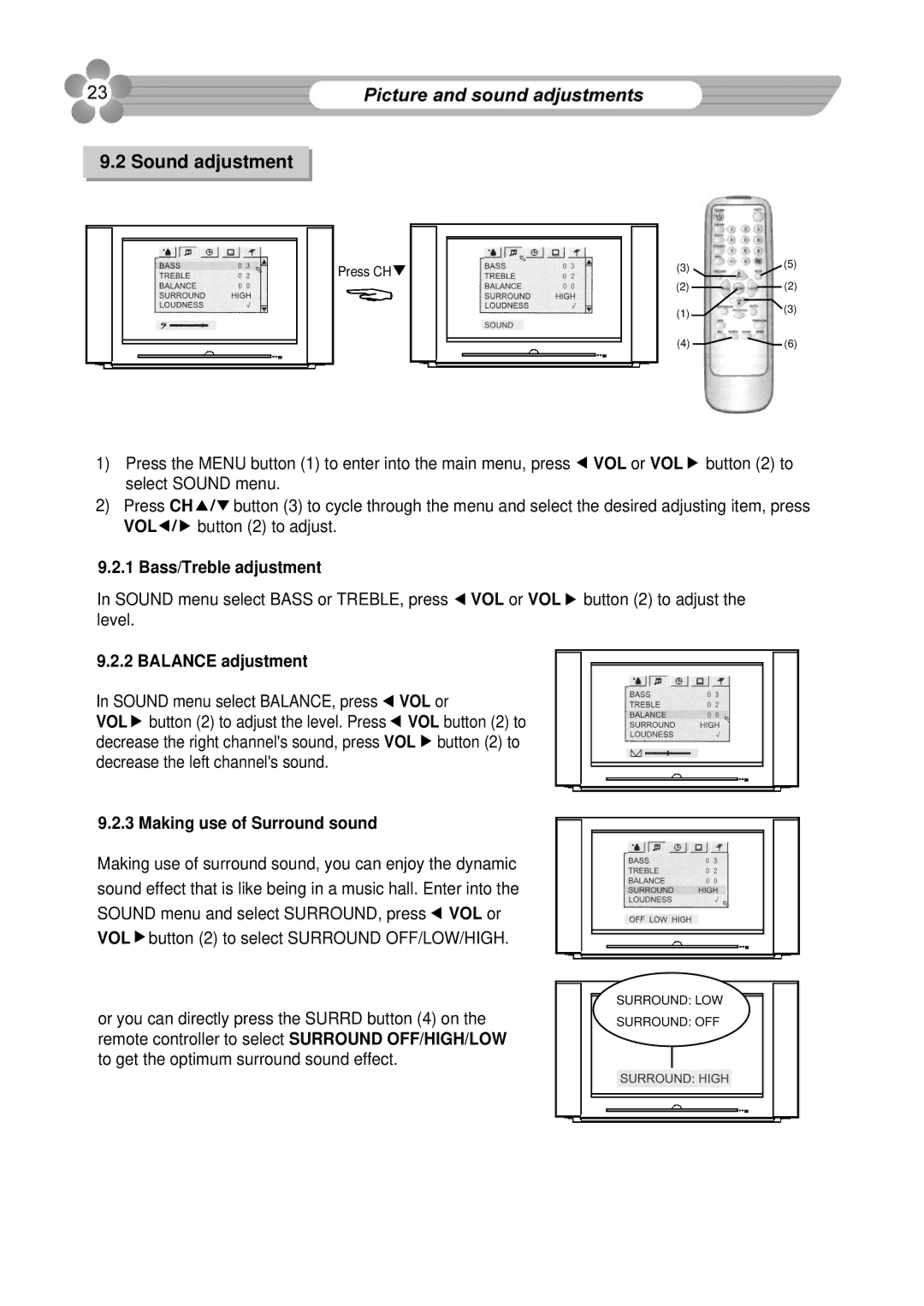 Palsonic 76WSHD owner manual Sound adjustment, Bass/Treble adjustment, Balance adjustment, Making use of Surround sound 