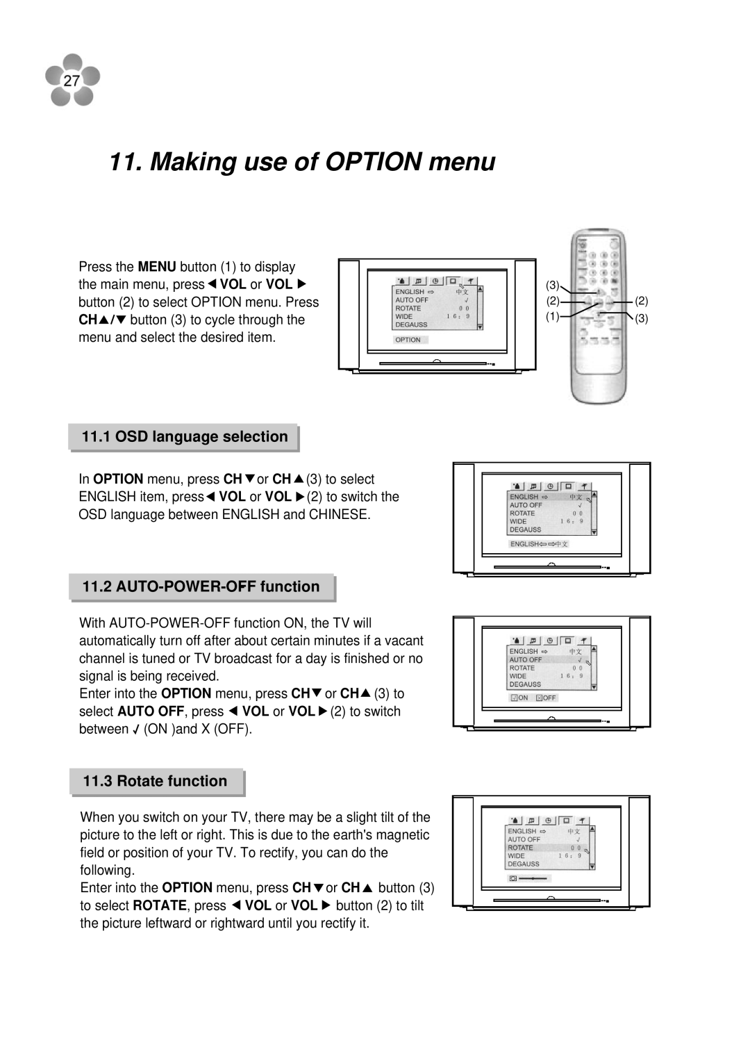 Palsonic 76WSHD owner manual Making use of Option menu, OSD language selection, AUTO-POWER-OFF-function, Rotate function 