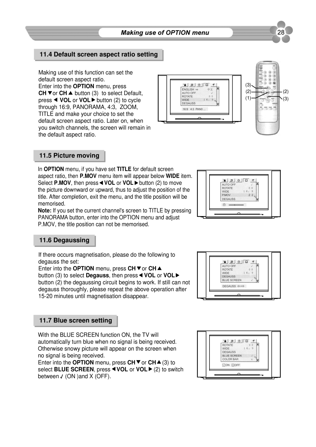 Palsonic 76WSHD owner manual Default screen aspect ratio setting, Picture moving, Degaussing, Blue screen setting 