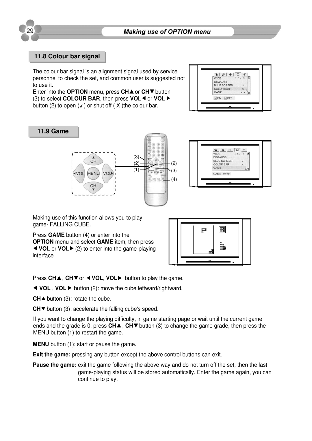 Palsonic 76WSHD owner manual Colour bar signal, Game 