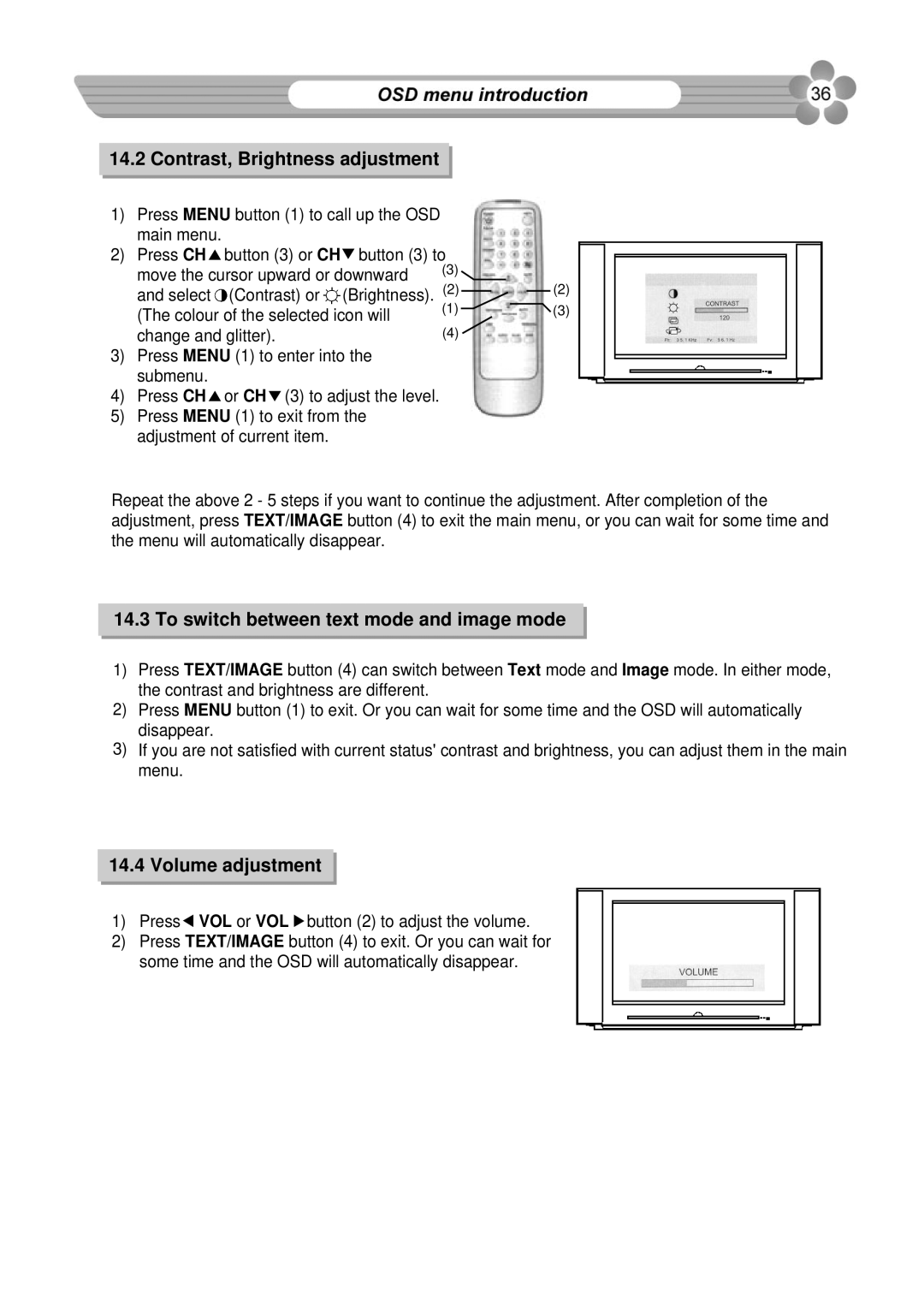 Palsonic 76WSHD owner manual Contrast, Brightness adjustment, To switch between text mode and image mode, Volume adjustment 