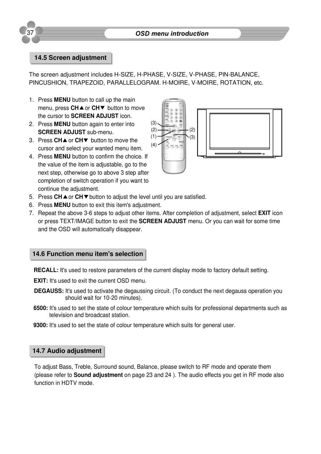 Palsonic 76WSHD owner manual Screen adjustment, Function menu items selection, Audio adjustment, Screen Adjust sub-menu 