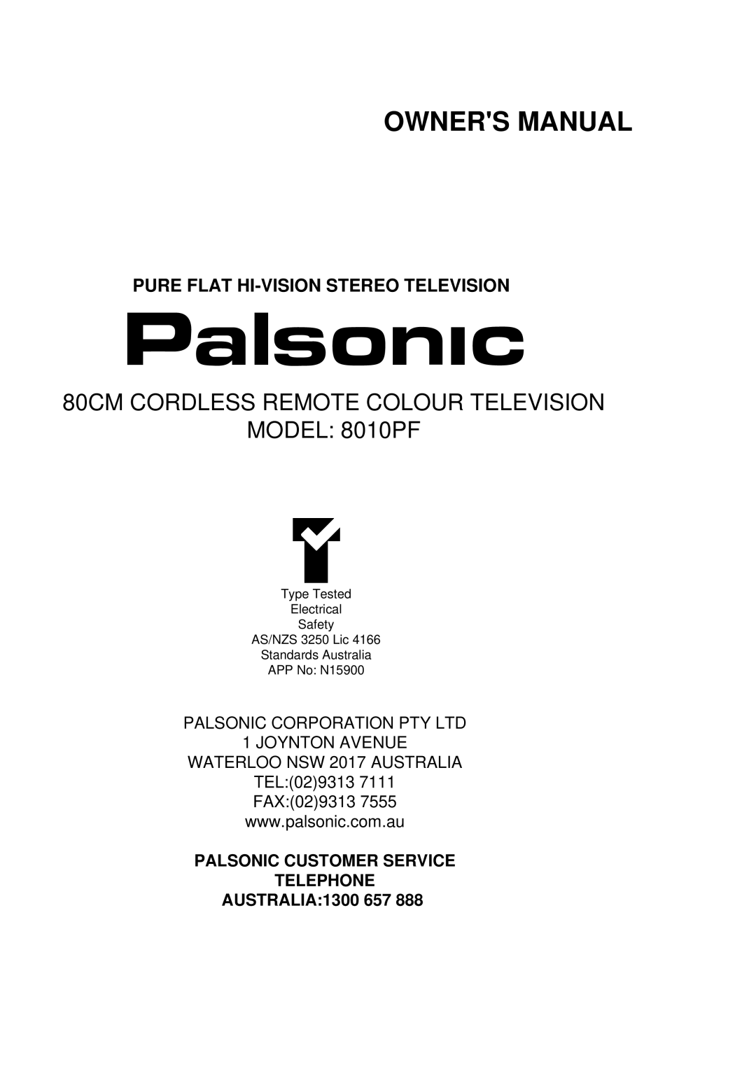 Palsonic owner manual 80CM Cordless Remote Colour Television Model 8010PF 