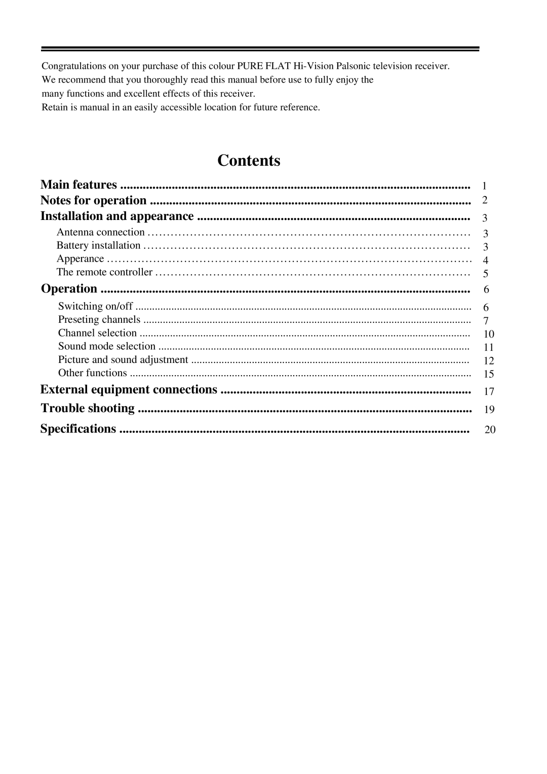 Palsonic 8010PF owner manual Contents 