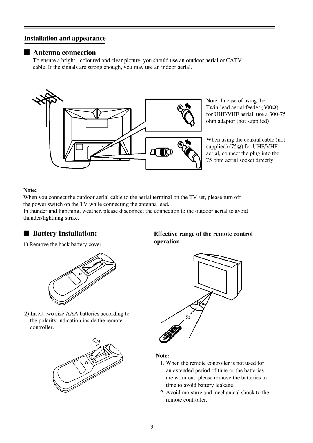 Palsonic 8010PF owner manual Antenna connection, Battery Installation, Effective range of the remote control operation 