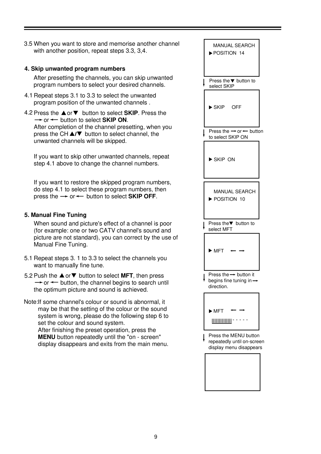 Palsonic 8040PFST owner manual Skip unwanted program numbers, Manual Fine Tuning 