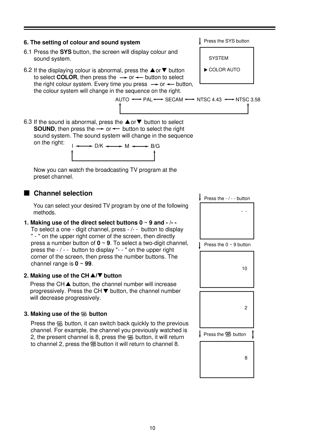 Palsonic 8040PFST owner manual Channel selection, Setting of colour and sound system, Making use of the CH button 