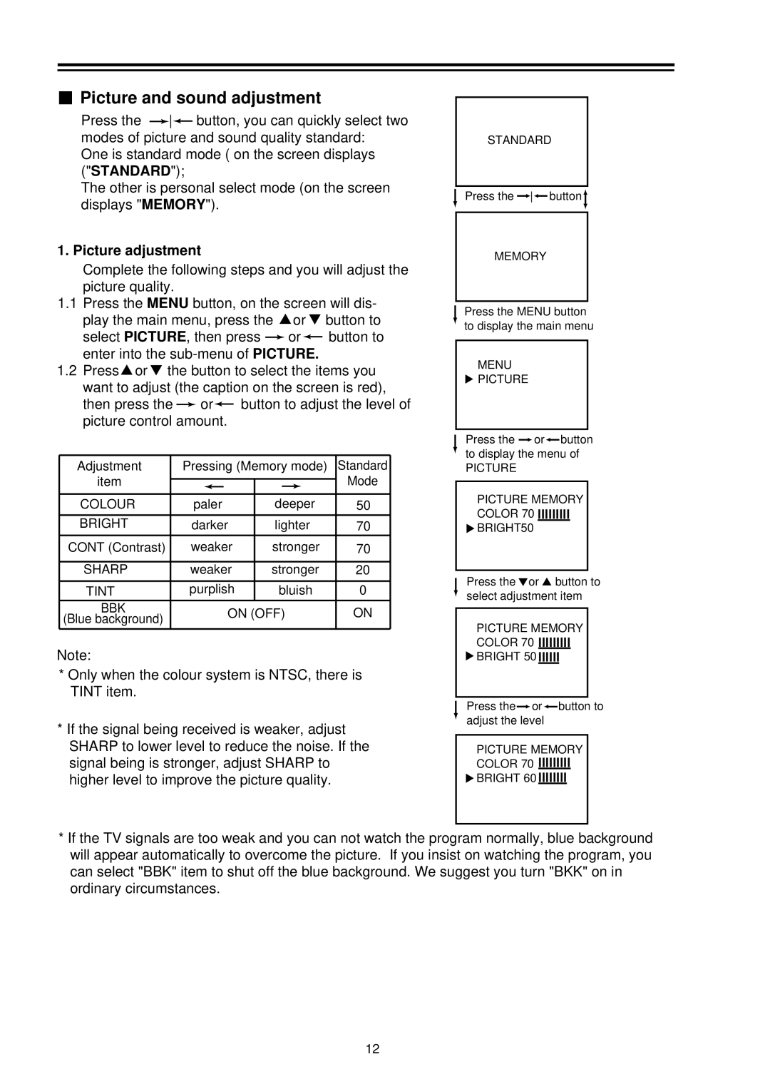 Palsonic 8040PFST owner manual Picture and sound adjustment, Picture adjustment 