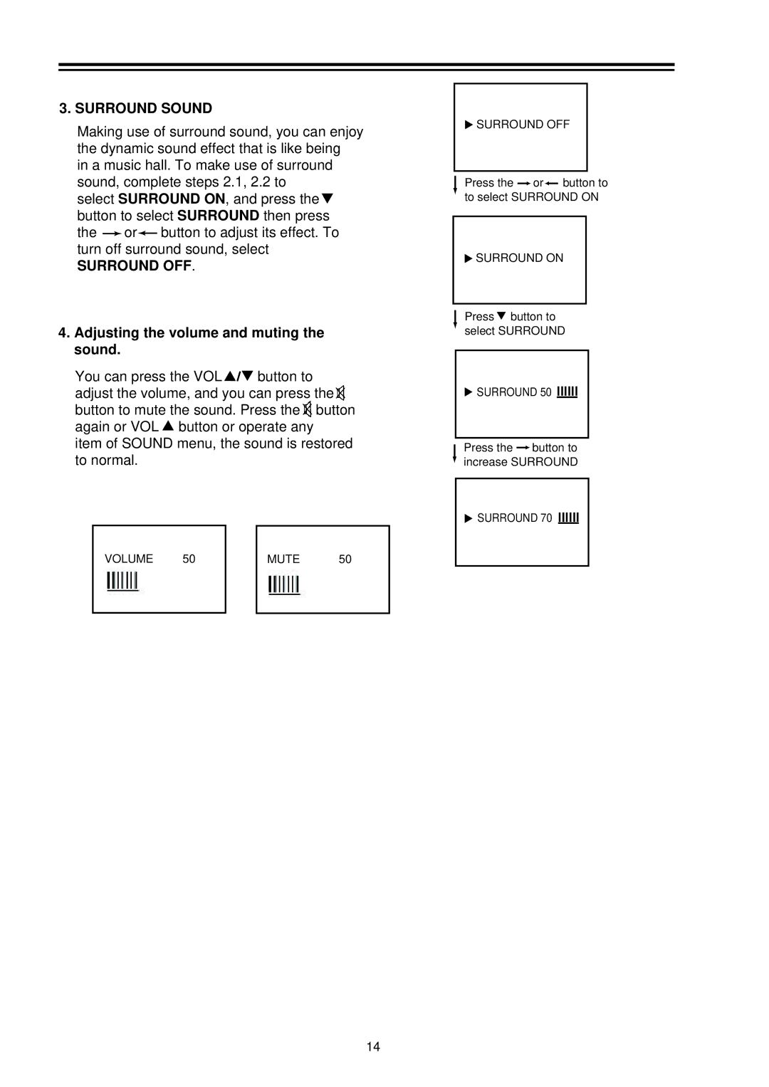 Palsonic 8040PFST owner manual Surround Sound, Surround OFF, Adjusting the volume and muting the sound 