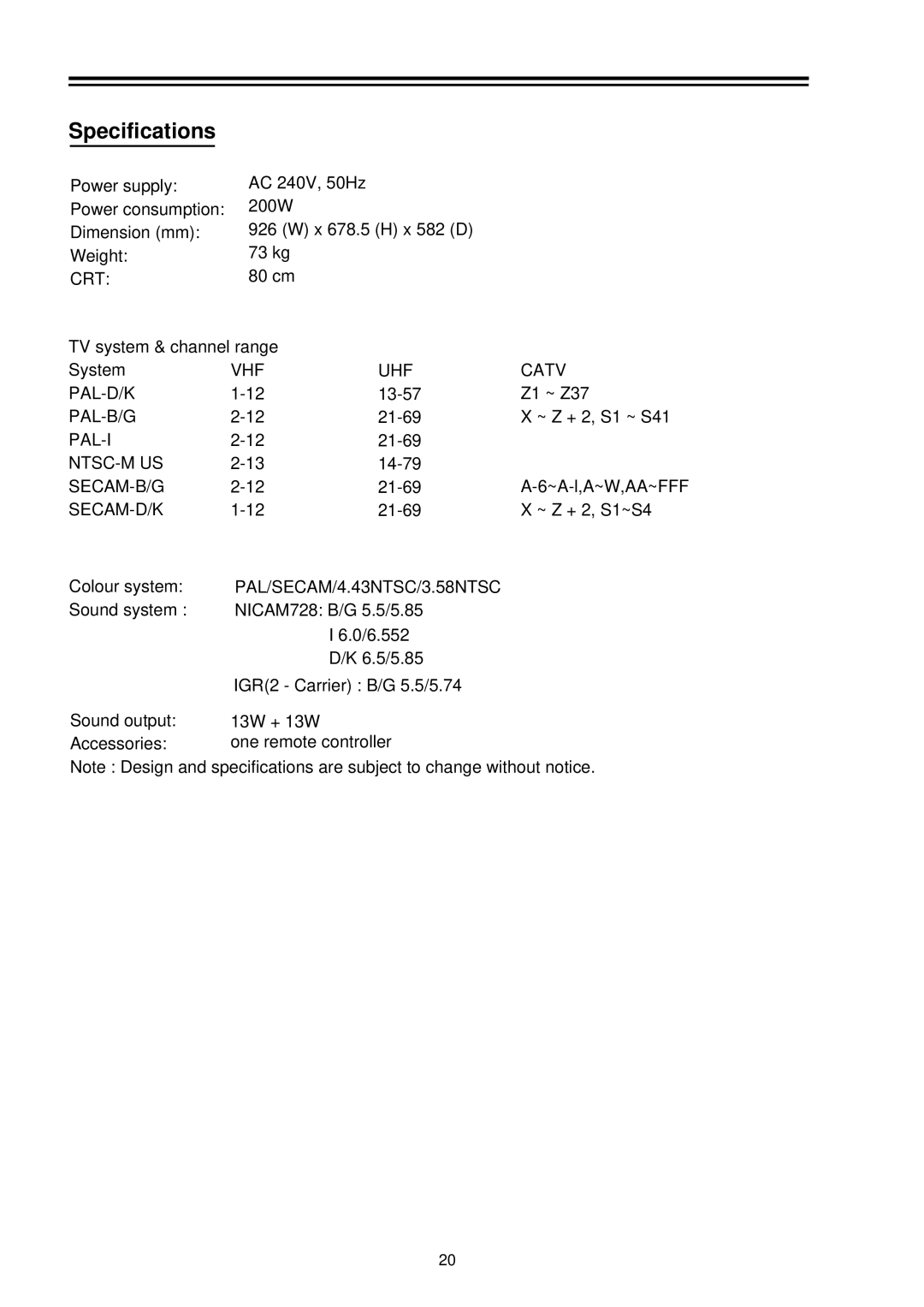 Palsonic 8040PFST owner manual Specifications 