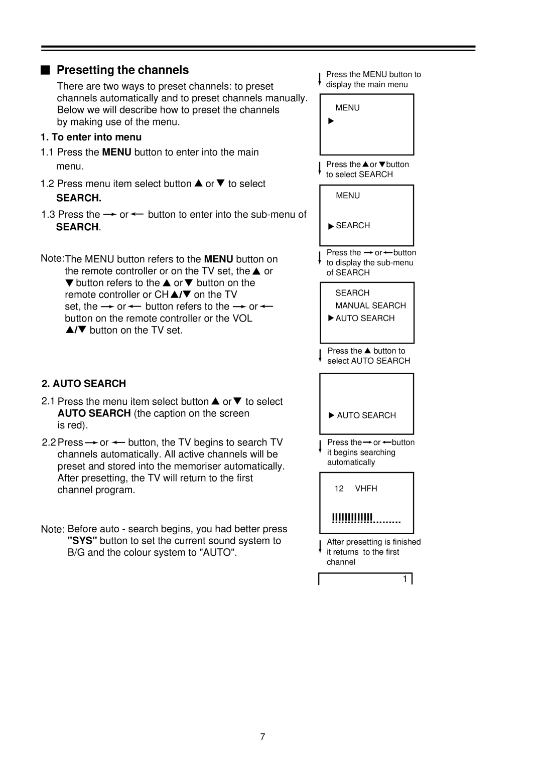 Palsonic 8040PFST owner manual Presetting the channels, To enter into menu, Auto Search, Lllllllllllll 