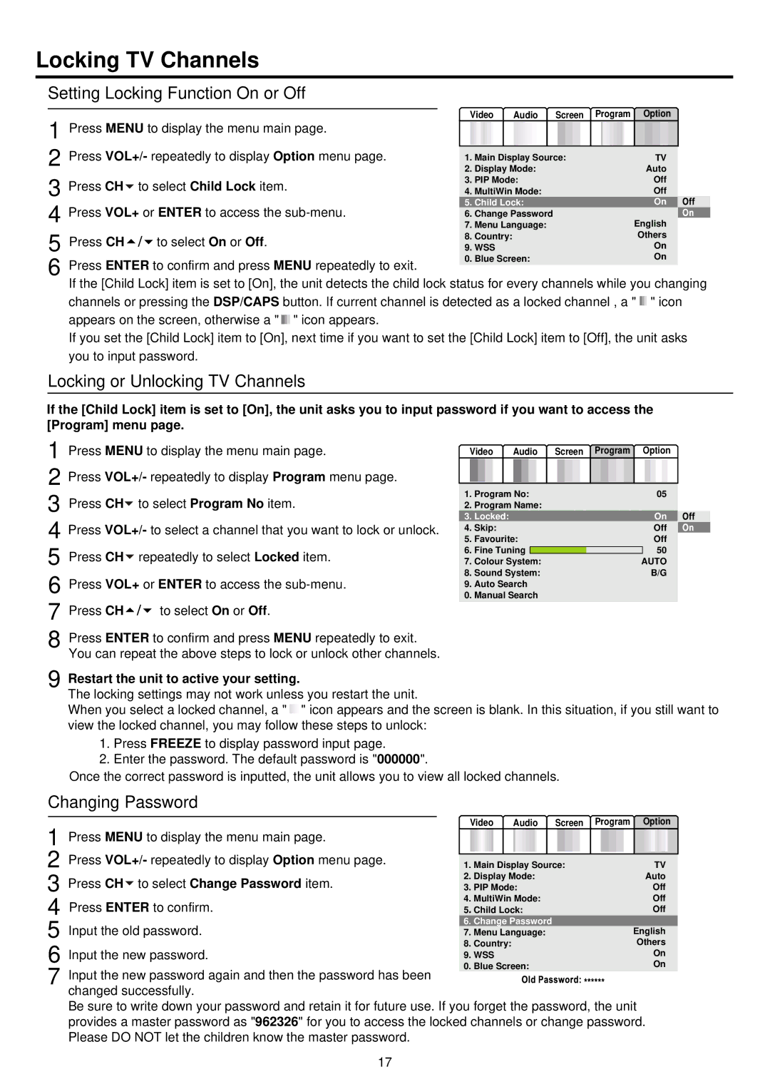 Palsonic TFTV810 owner manual Locking TV Channels, Setting Locking Function On or Off, Locking or Unlocking TV Channels 