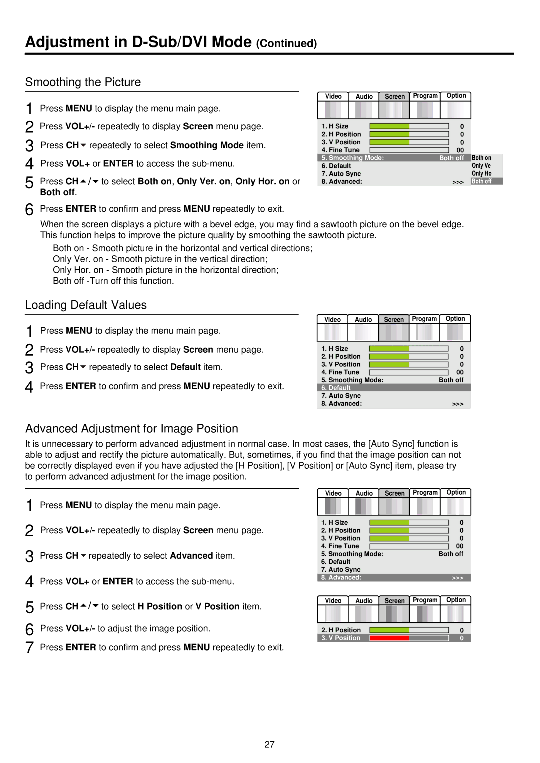 Palsonic TFTV810 owner manual Smoothing the Picture, Loading Default Values, Advanced Adjustment for Image Position 