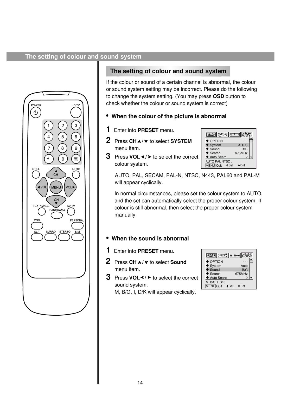 Palsonic 86WSHDA, 76WSHDA owner manual Setting of colour and sound system, When the colour of the picture is abnormal 