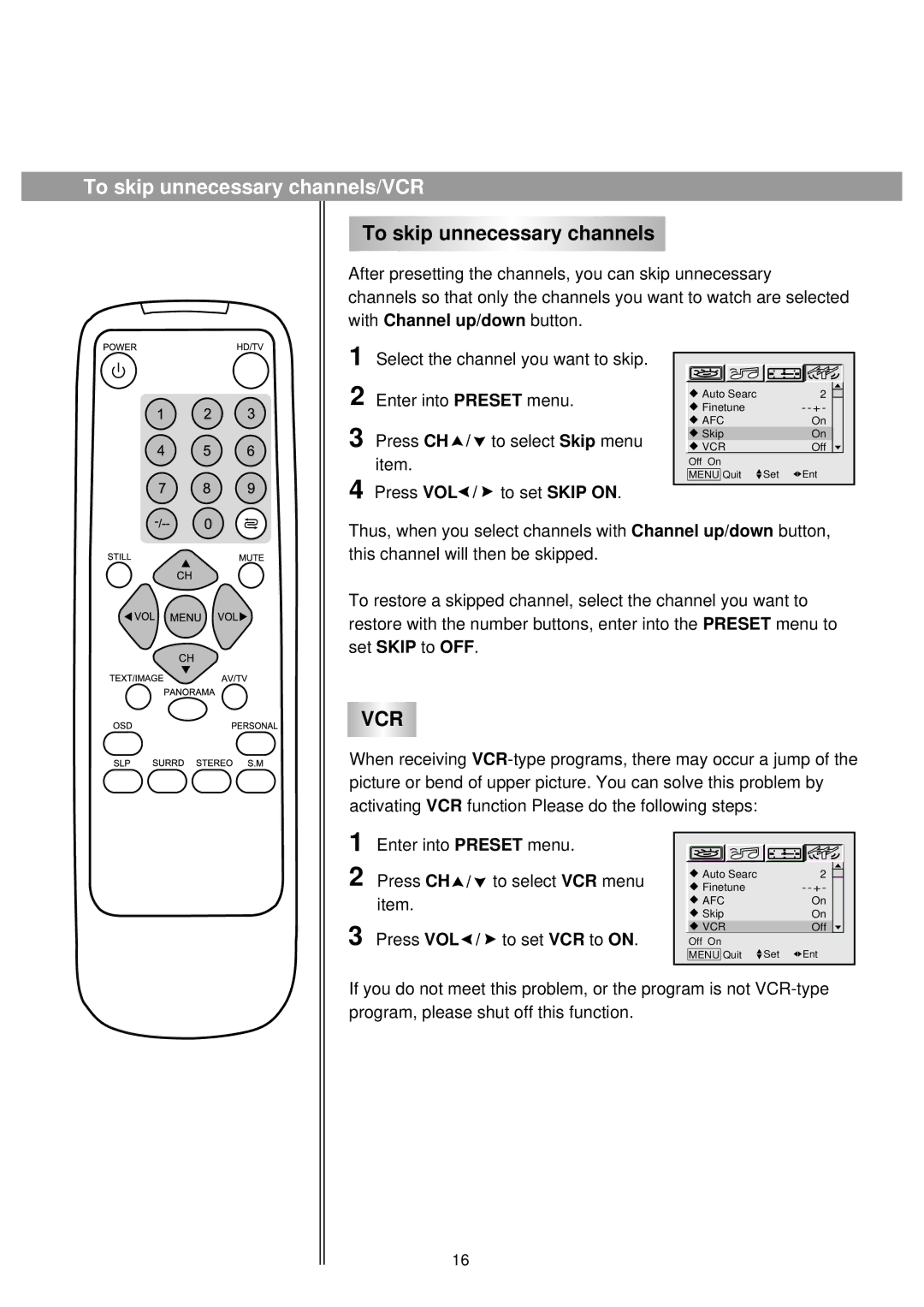 Palsonic 86WSHDA, 76WSHDA owner manual To skip unnecessary channels/VCR 