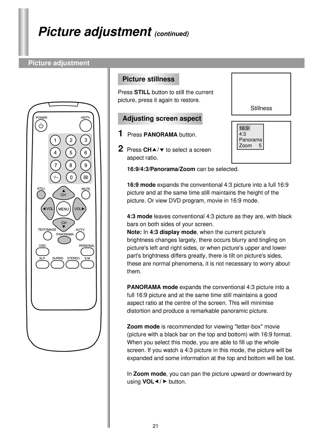 Palsonic 76WSHDA, 86WSHDA owner manual Picture stillness, Adjusting screen aspect 