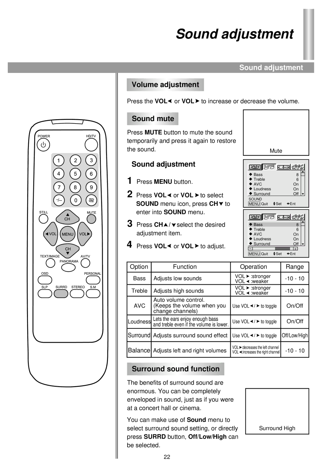 Palsonic 86WSHDA, 76WSHDA owner manual Sound adjustment 