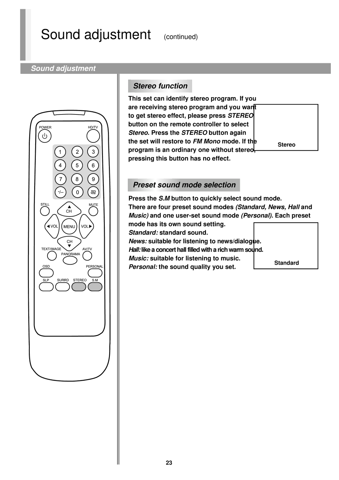 Palsonic 76WSHDA, 86WSHDA owner manual Stereo function, Preset sound mode selection 