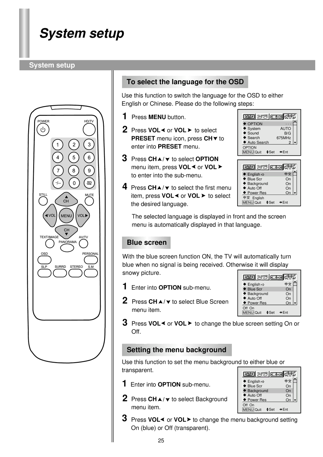 Palsonic 76WSHDA, 86WSHDA System setup, To select the language for the OSD, Blue screen, Setting the menu background 