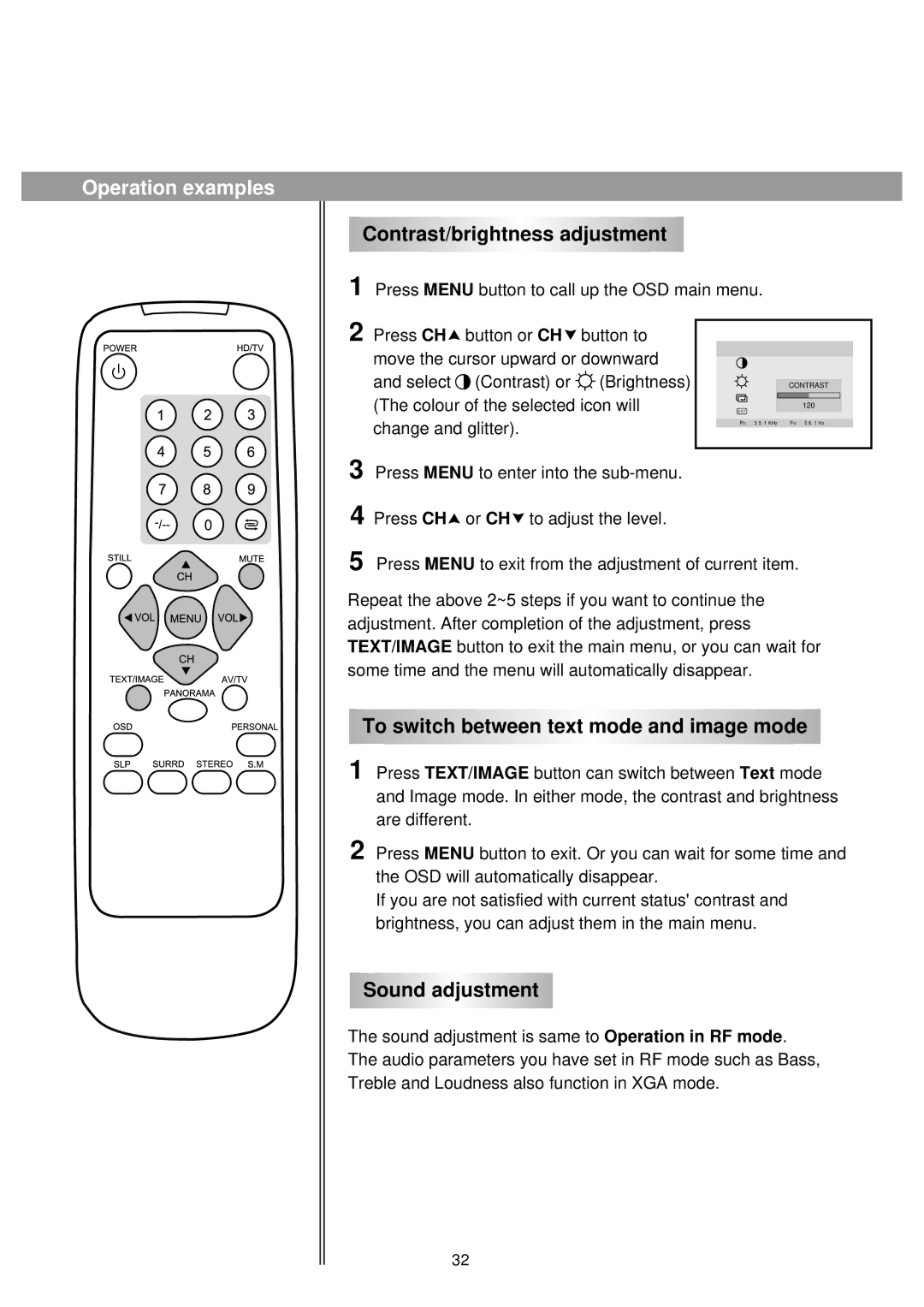 Palsonic 86WSHDA, 76WSHDA Operation examples, Contrast/brightness adjustment, To switch between text mode and image mode 