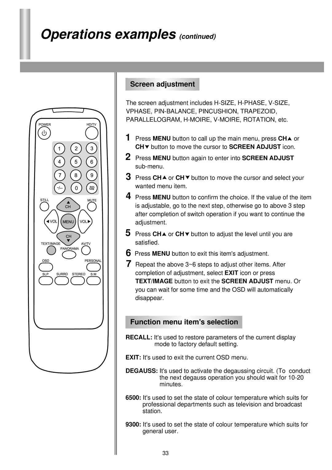 Palsonic 76WSHDA, 86WSHDA owner manual Operations examples, Screen adjustment, Function menu items selection 